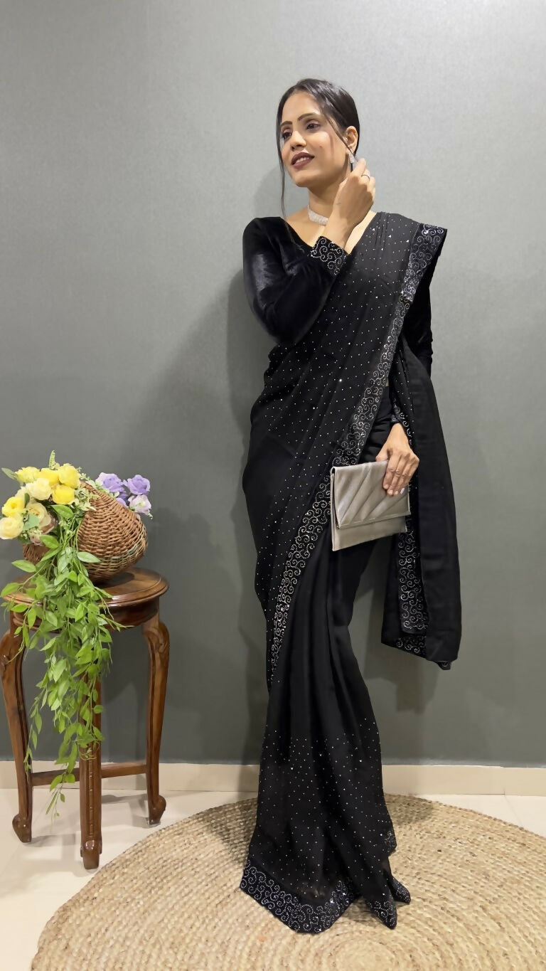 Vastranavya Black Rangoli Silk Swarovski work Ready to Wear Saree | Swadesiicart