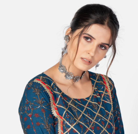 NOZ2TOZ Women Dark Blue Anarkali Cotton Kurta With Pant & Dupatta (3Pcs Set) - Swadesiicart