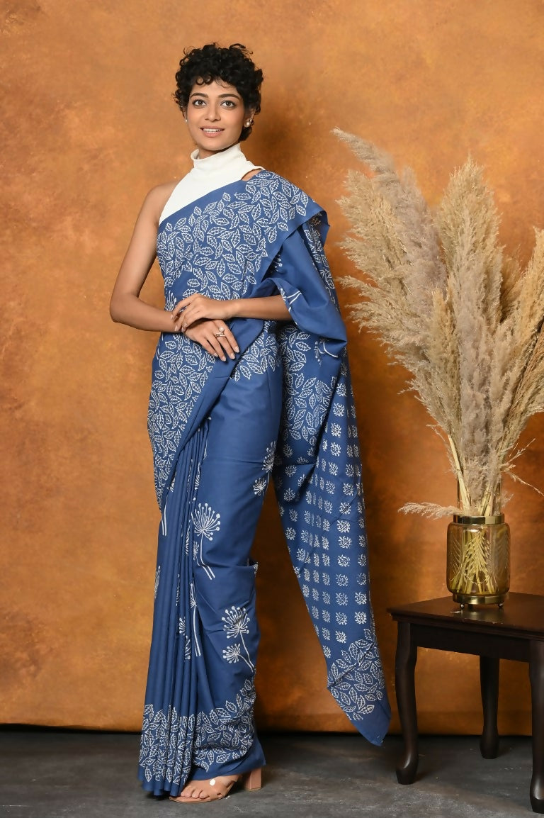 Very Much Indian Handblock Printed Cotton Saree With Natural Dyes - Cyan Blue | Swadesiicart