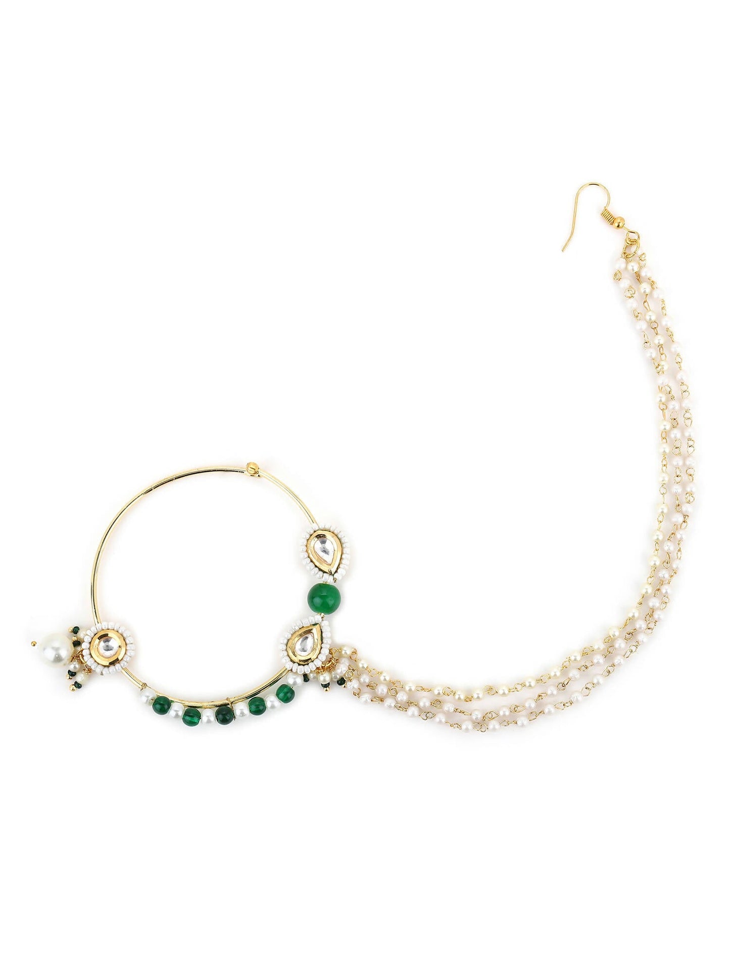 Gold-Polished White Green Kundan-Studded Pearl Beaded Nosepin - Ruby Raang | Swadesiicart