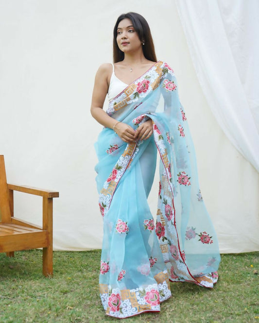 Vamsee Nagma Sky Organza Saree - Swadesiicart