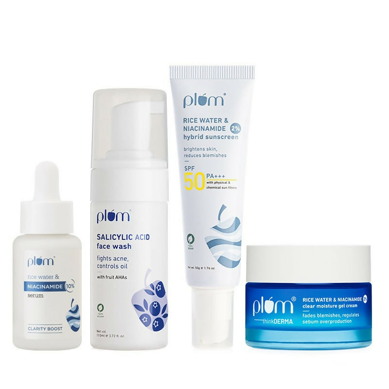 Plum Bright & Clear Skin CSMS (Cleanser, Serum, Moisturizer, Sunscreen) Combo With Niacinamide & Salicylic Acid | Swadesiicart