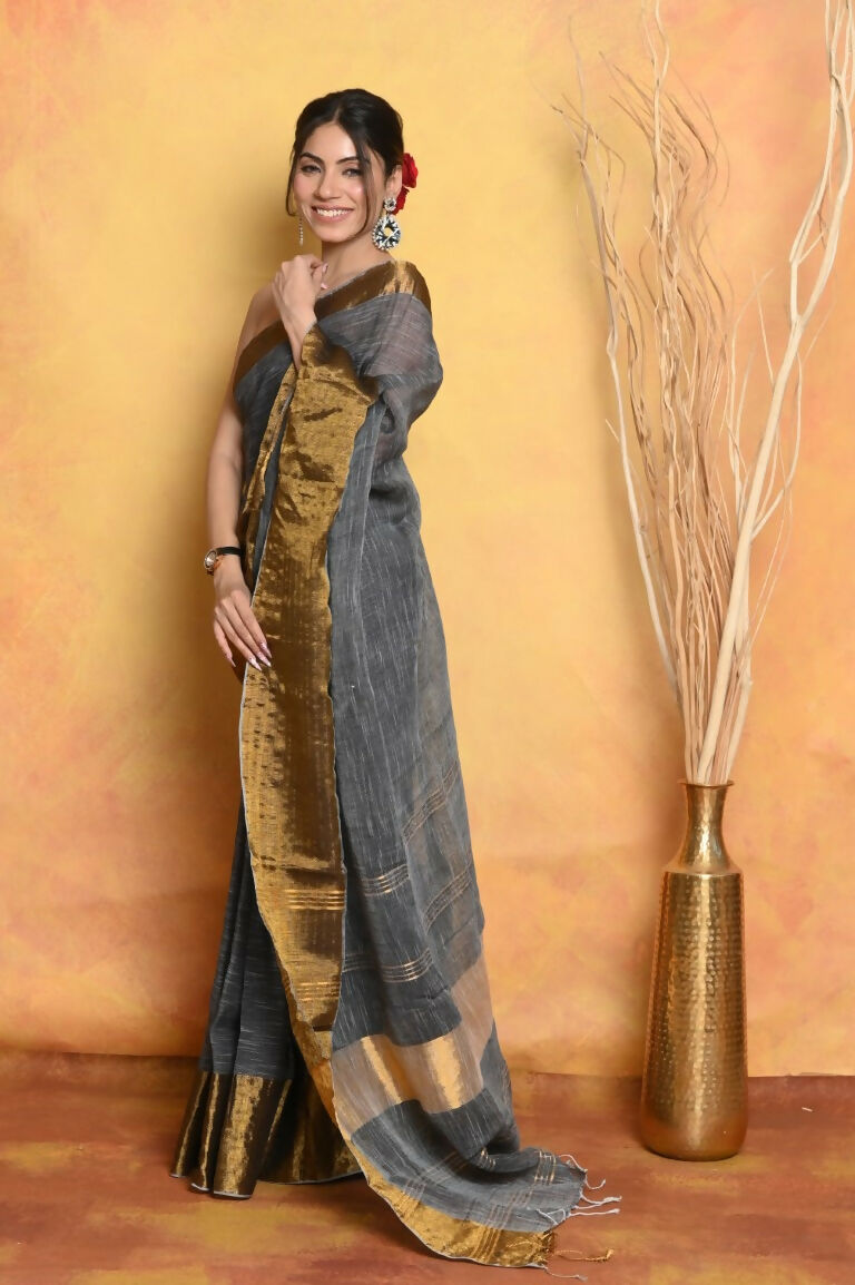 Very Much Indian Handloom Pure Cotton Linen Saree With Golden Border - Grey Gold | Swadesiicart