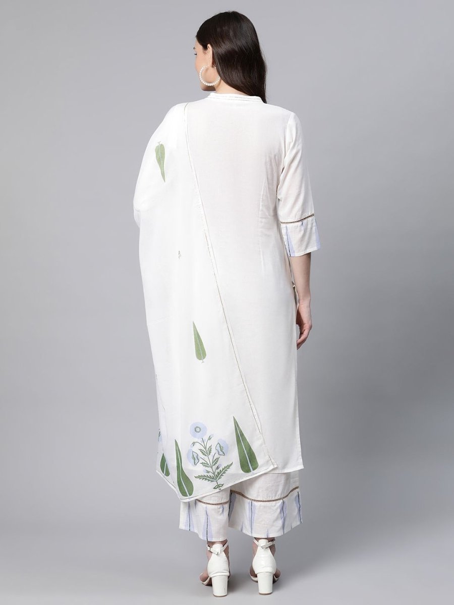 Ahalyaa Women Off White Colour Pure Cotton Printed Kurta Palazzo Set With Dupatta | Swadesiicart