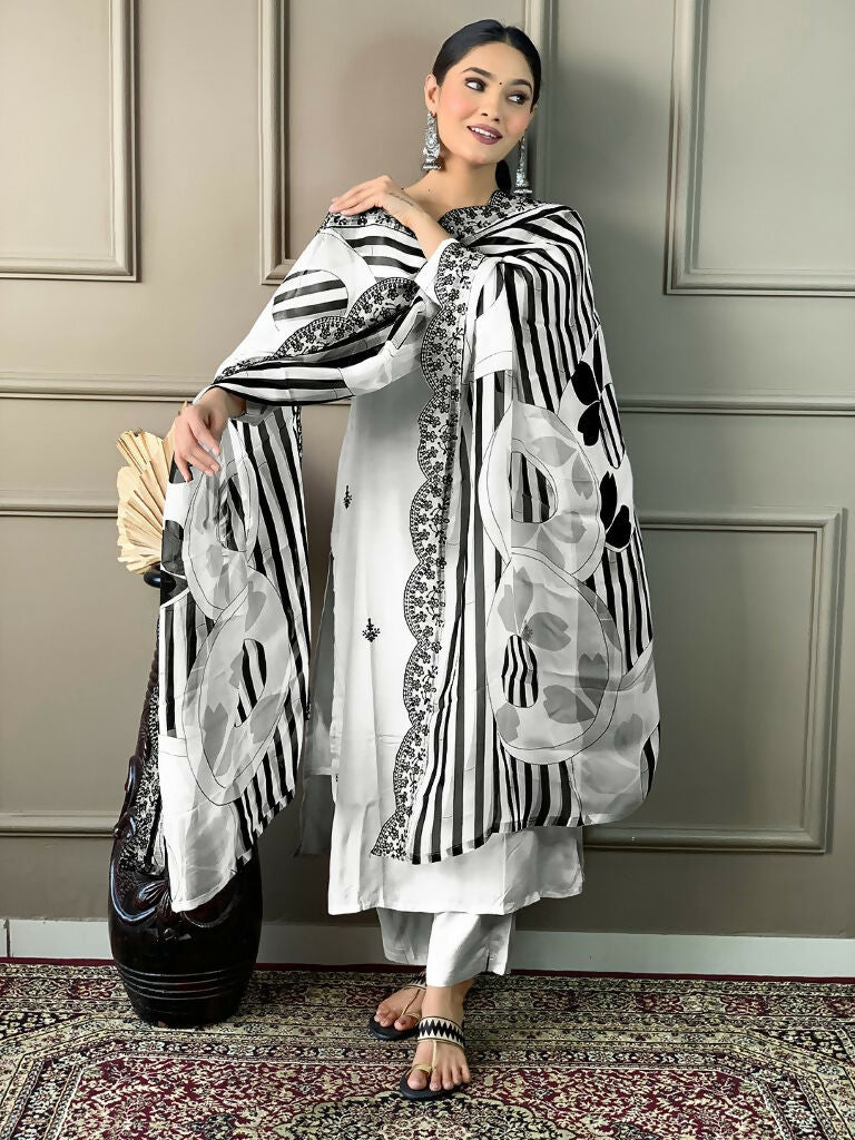 White Viscose chanderi Stitched Suit With Dupatta - Tanisha | Swadesiicart