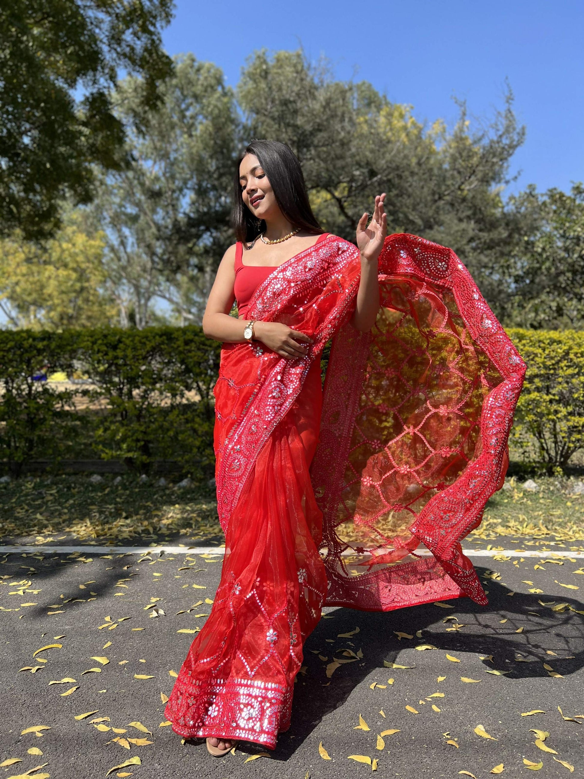 Vamsee Naina Red Organza Saree - Swadesiicart