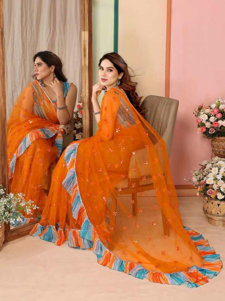Partywear Designer Orange Net Fancy Saree - Dyuti | Swadesiicart
