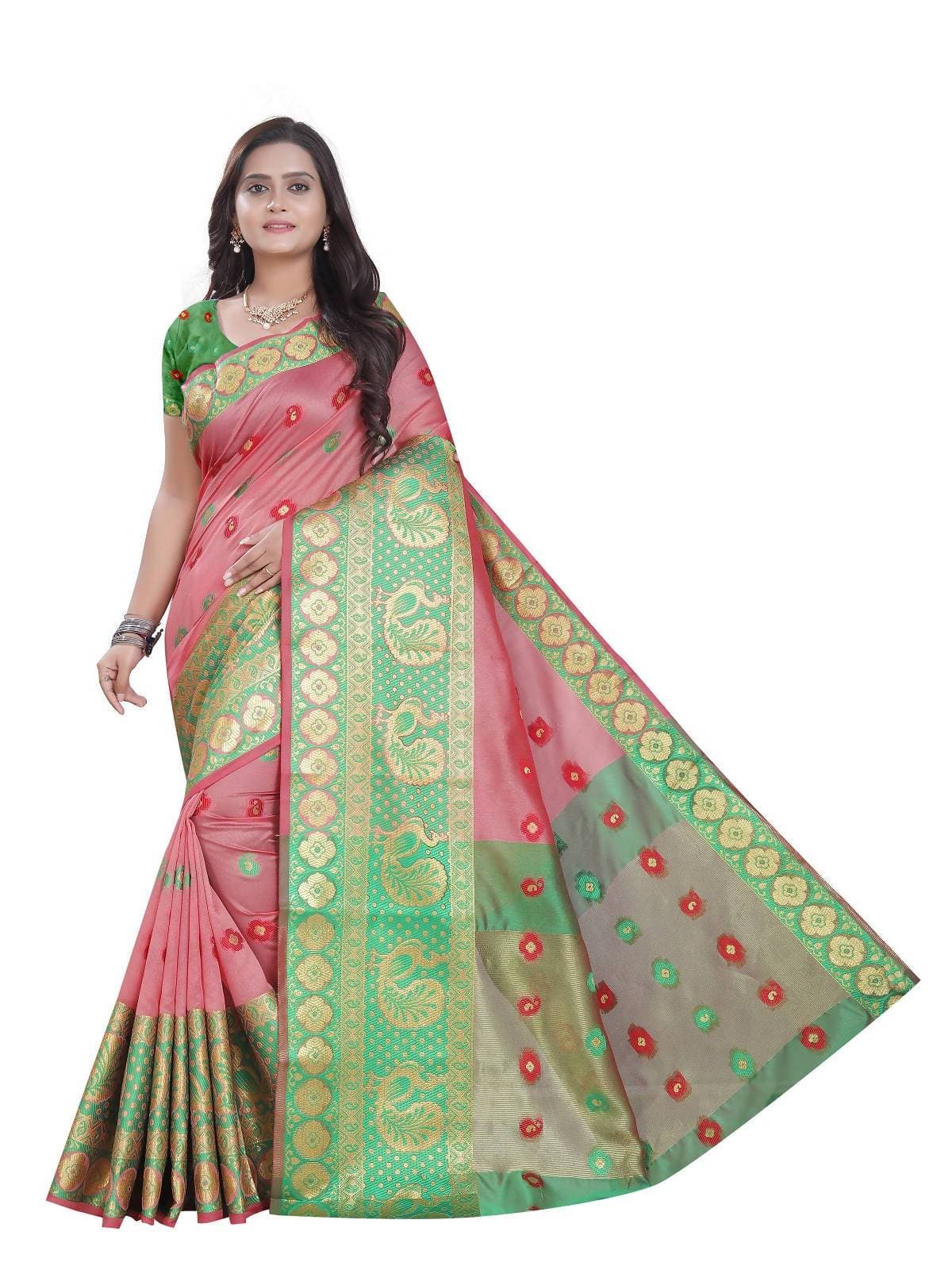 Vamika Banarasi Cotton Silk Peach Weaving Saree | Swadesiicart