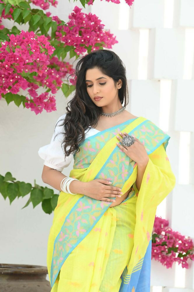 Beatitude Yellow Slub Cotton Floral Jamdani Saree