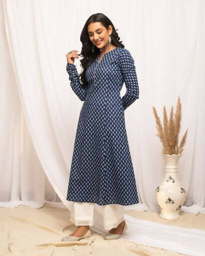 FIORRA Women's Floral Printed Navy Blue Cotton A-Line Kurta - Swadesiicart