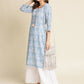 Blue Linen Floral Printed Straight Fit Kurta - Prasuti