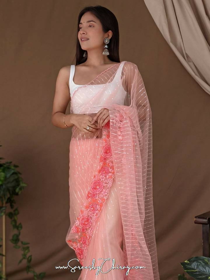 Vamsee Murari Peach Super Net Saree - Swadesiicart