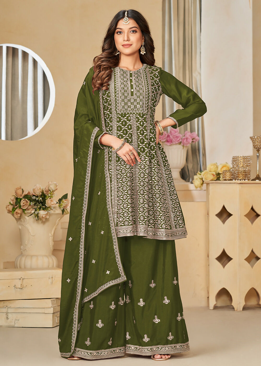 Chinnon Olive Green Embroidered Palazzo Salwar Suit - Emponline | Swadesiicart