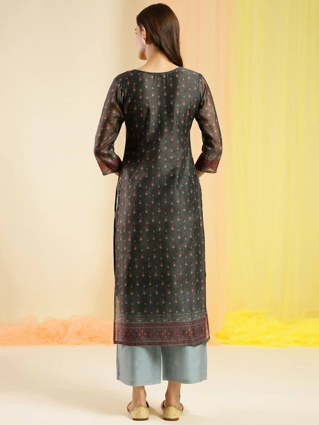 Dark Green Chinon Digital Printed With Hand Work Kurta - Himanshi - Swadesiicart