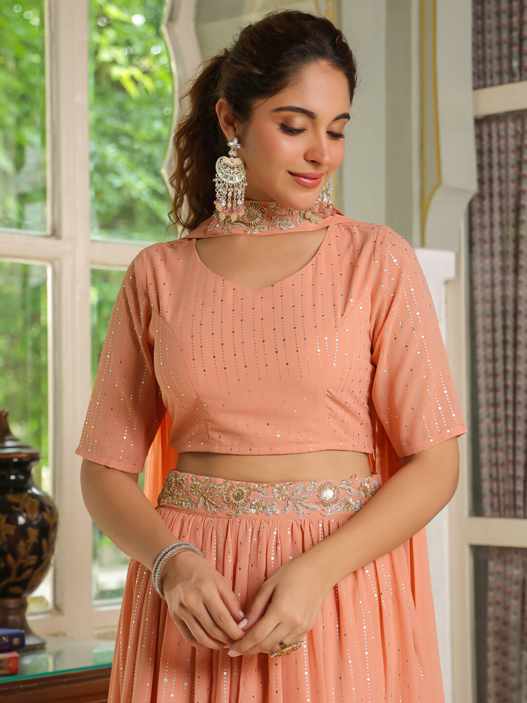 Janasya Peach Georgette Foil Print Lehenga Choli Dupatta | Swadesiicart