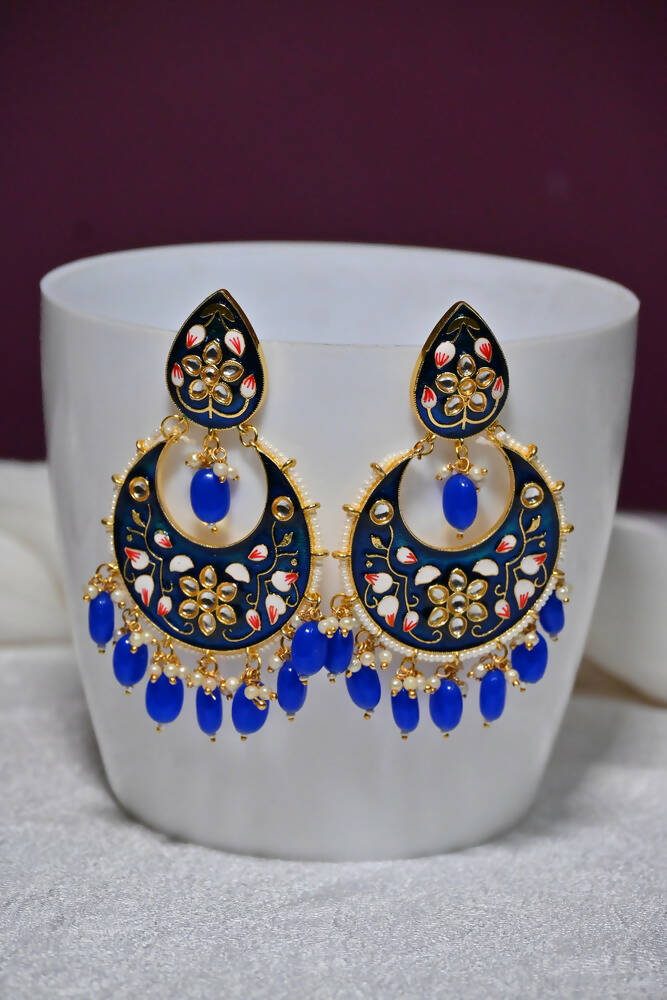 Gold-Polished Brass & Pearl Dangle Women Royal Blue Hand Painted Meenakari Chandbali Earrings By House of Ree | Swadesiicart