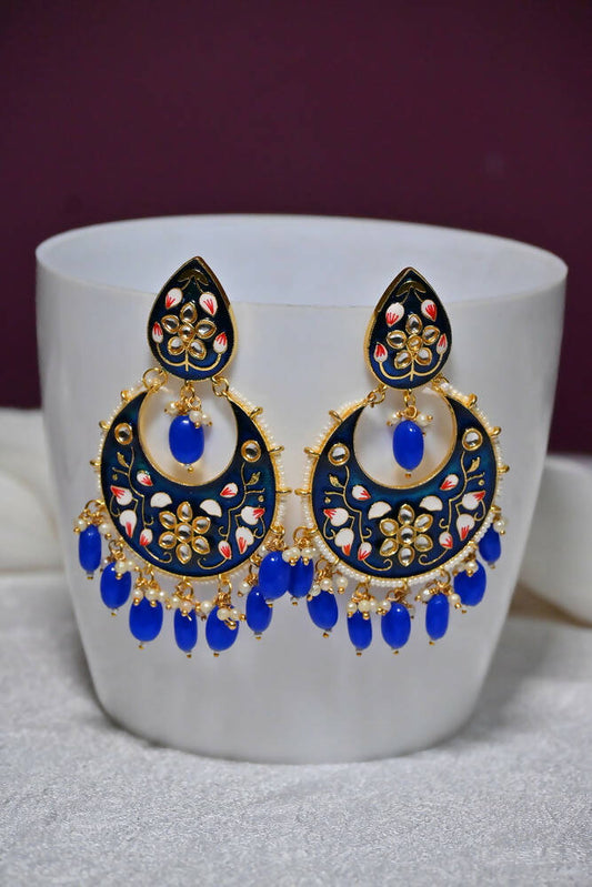 Gold-Polished Brass & Pearl Dangle Women Royal Blue Hand Painted Meenakari Chandbali Earrings By House of Ree | Swadesiicart
