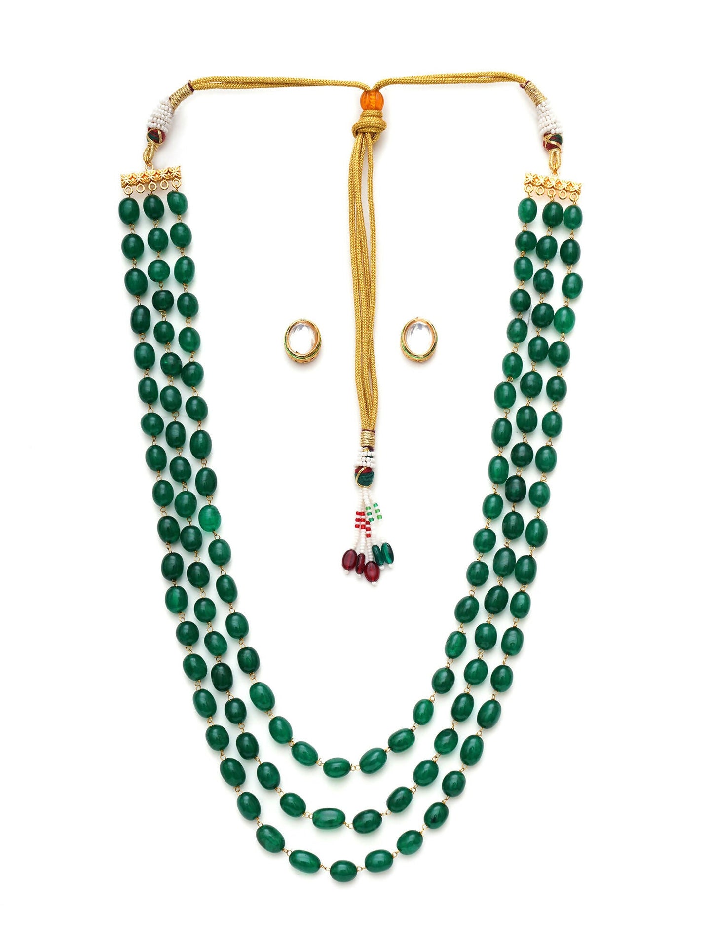 Long Layered Green Neckpiece wtih Kundan Studs Jewellery Set (Green) - Ruby Raang - Swadesiicart