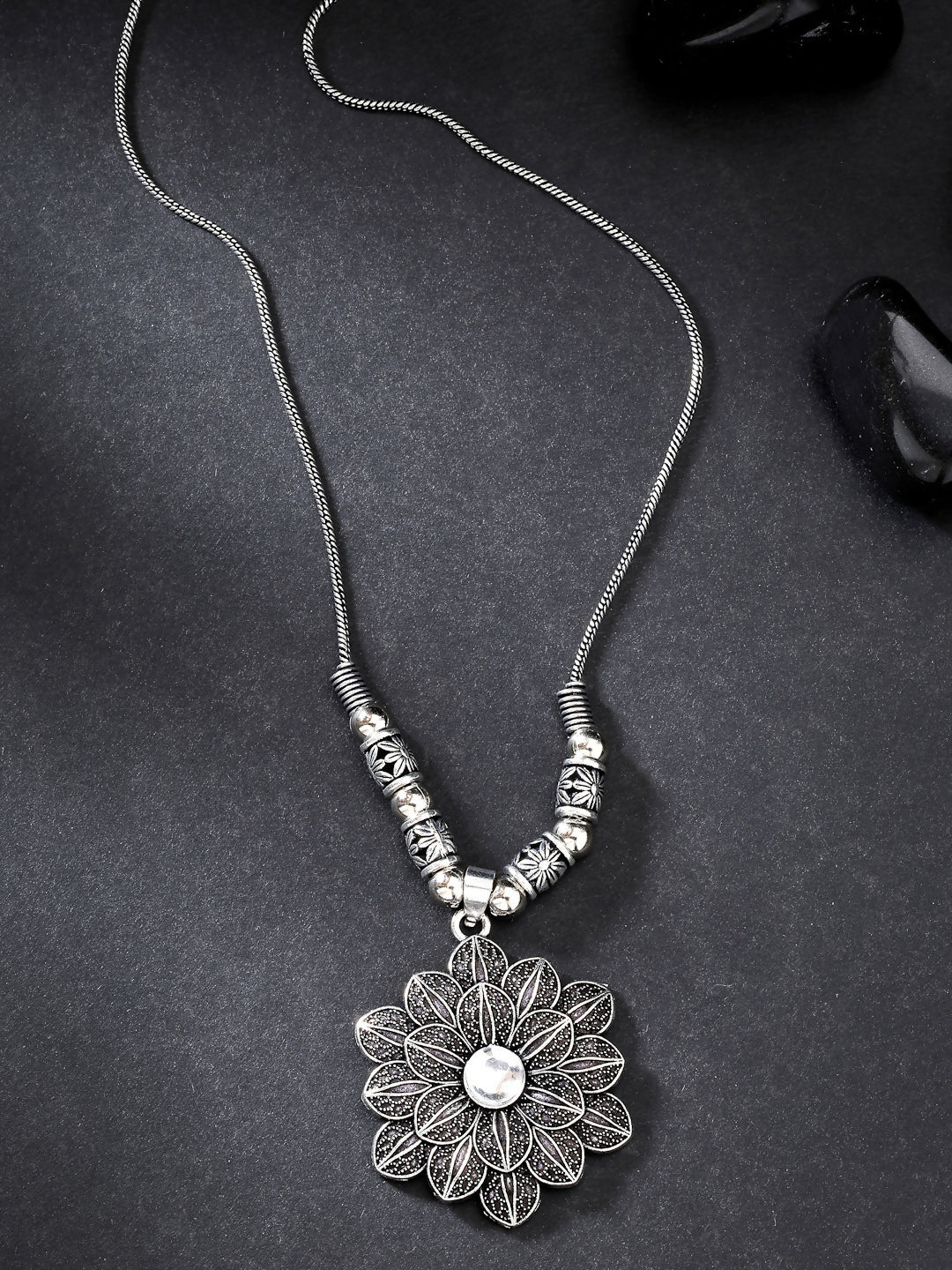 NVR Women's Silver-Toned Decent Floral Shape Pendant with Chain | Swadesiicart