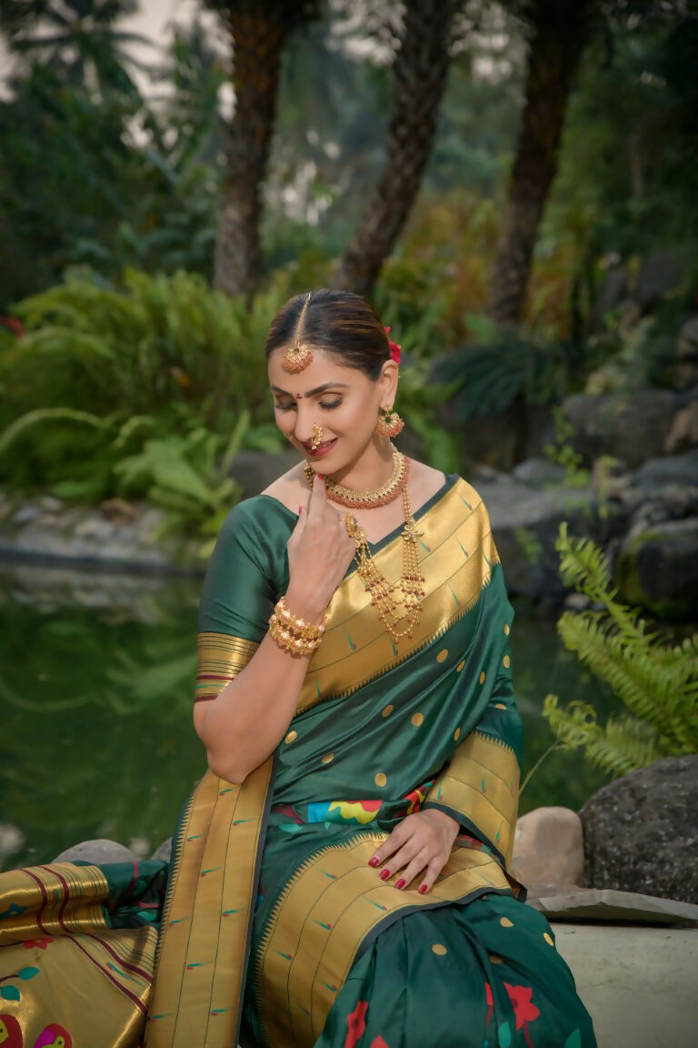 Jyoti Fashion Women's Bottle Green Paithani Silk Zari Woven Saree with Blouse | Swadesiicart