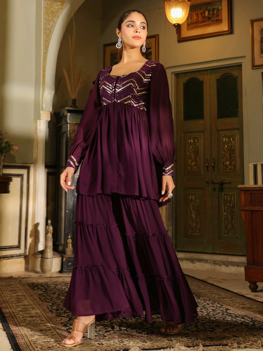 Janasya Purple Georgette Sequined Tunic & Bottom | Swadesiicart