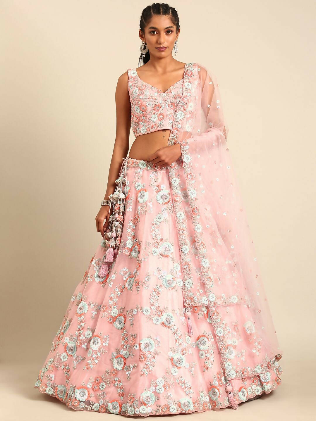 House of Panchhi Pink Net Sequins and Zarkan embroidery Lehenga choli & Dupatta | Swadesiicart