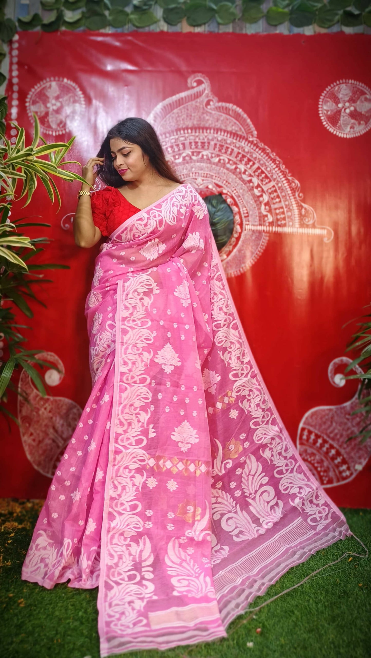 Exclusive Collection Handloom Dhakai Jamdani Saree - Pink - Swadesiicart