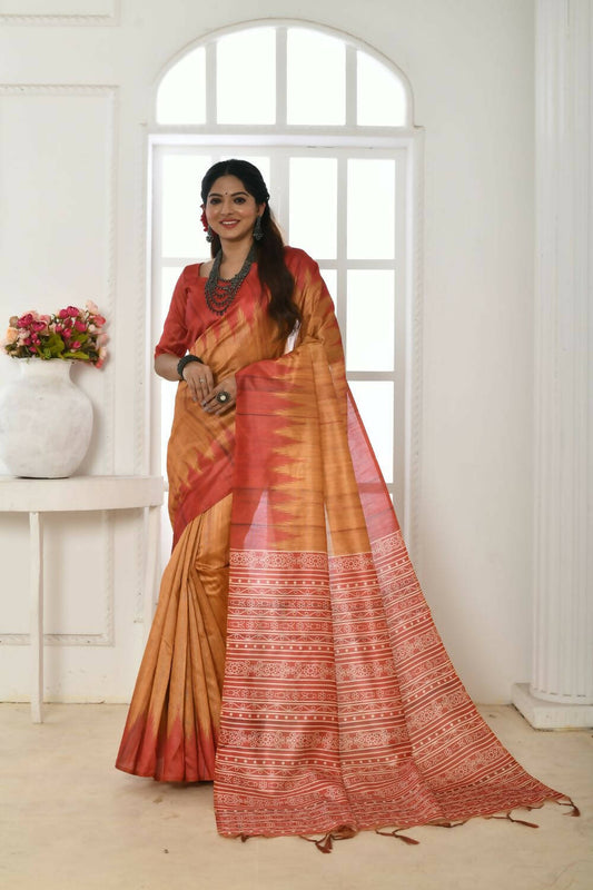 Vishnu Weaves Women's Mustard Tussar Silk Temple Print Saree with Blouse - Swadesiicart