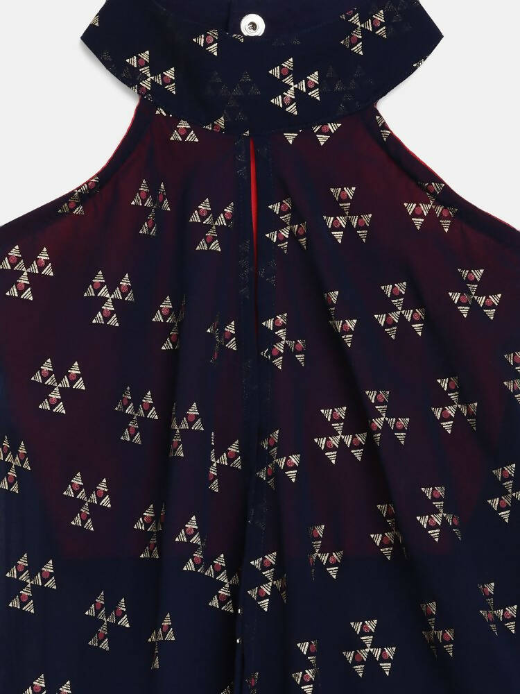 Ahalyaa Navy Printed Chanderi Silk Kids Kurta With Pant For Girls | Swadesiicart