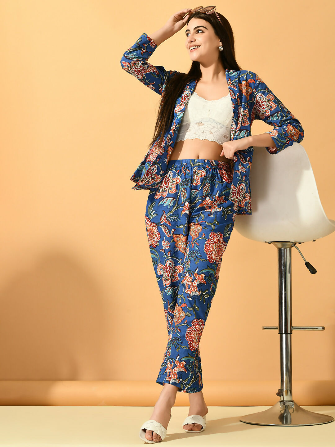 Myshka Women's Blue Printed Coat With Trousers - Swadesiicart