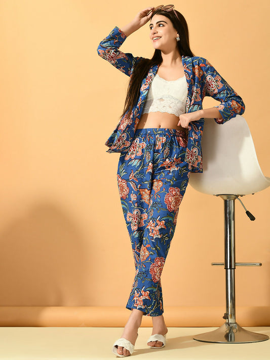 Myshka Women's Blue Printed Coat With Trousers - Swadesiicart