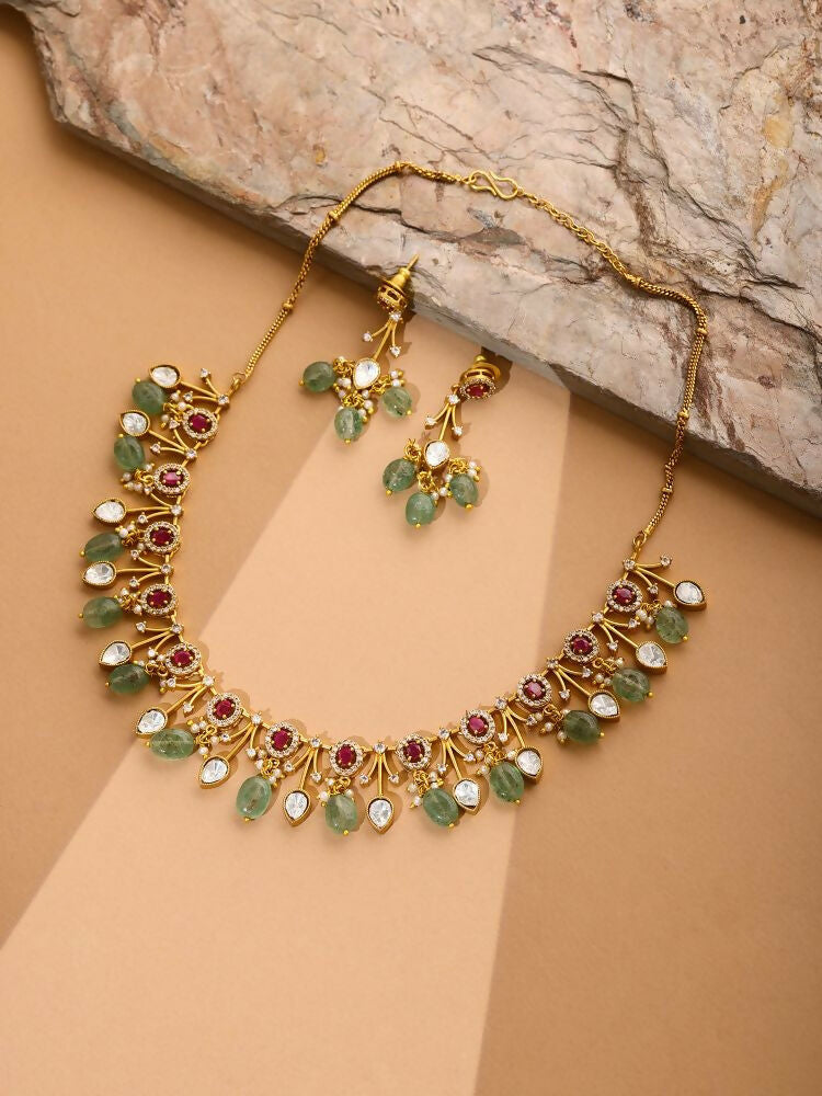 Natural Stones Antique Finish Earrings and Choker Necklace set - Ruby Raang | Swadesiicart