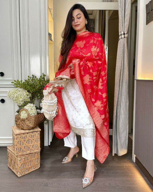 The52 White Women's Beautiful Chanderi Jacquard Fabric Embroidered Work Straight Kurta Pant and Dupatta Set - Swadesiicart