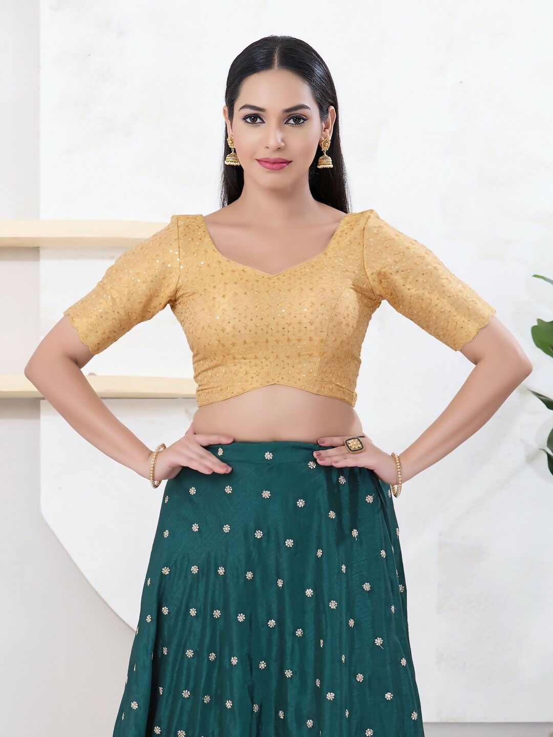 Joban Fashion Gold Tissue Elbow Sleeveless Back Open Blouse - Swadesiicart