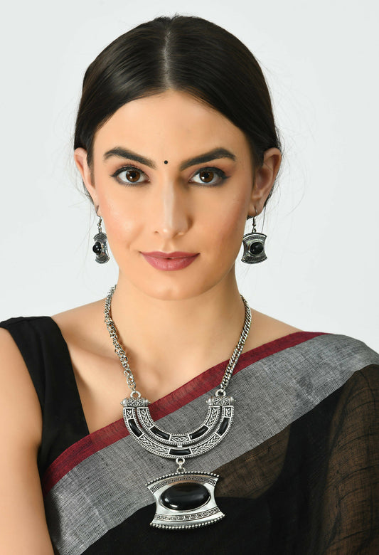 Mominos Fashion Johar Kamal Oxidised Silver-Plated Stone Work Long Necklace Handicraft | Swadesiicart