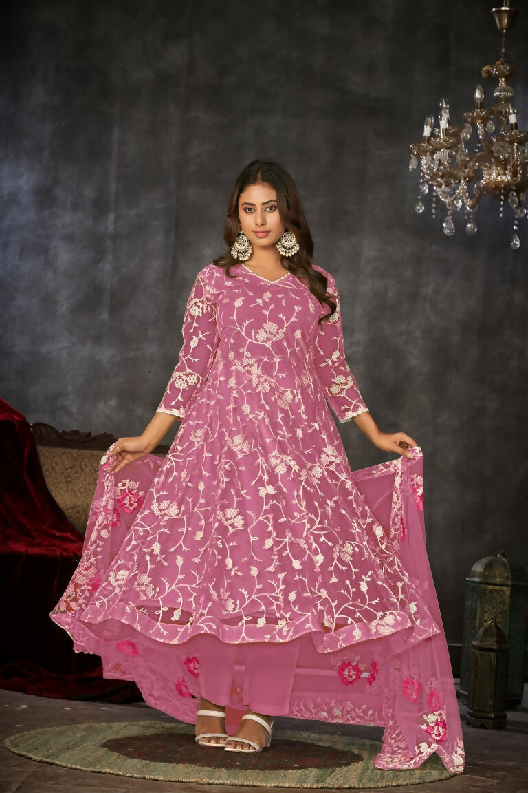 Jyoti Fashion Women's Pink Net Embroidered Anarkali Kurta Pant Set With Dupatta | Swadesiicart