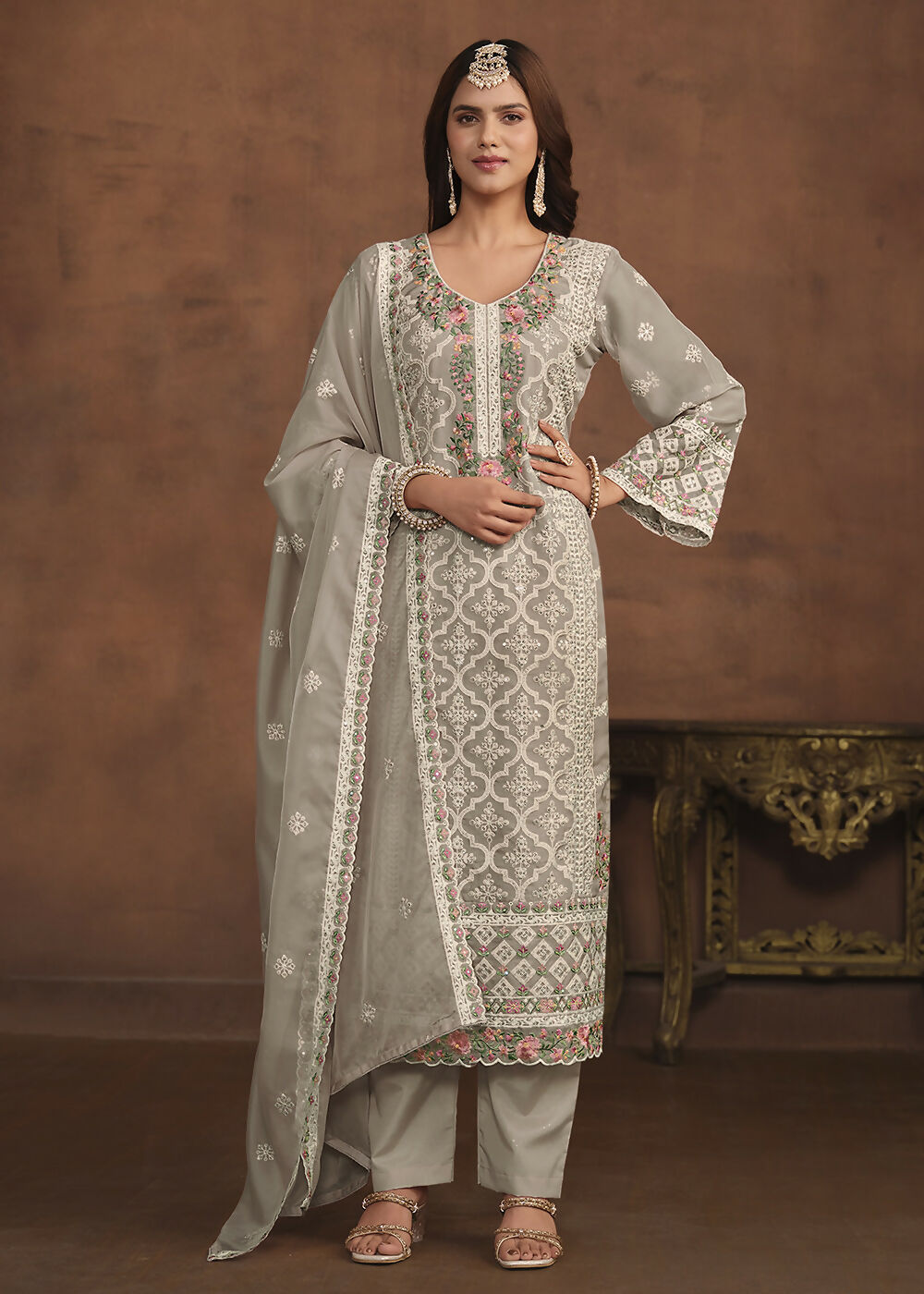 Slate Grey Soft Organza Embroidered Festive Salwar Suit - Emponline | Swadesiicart