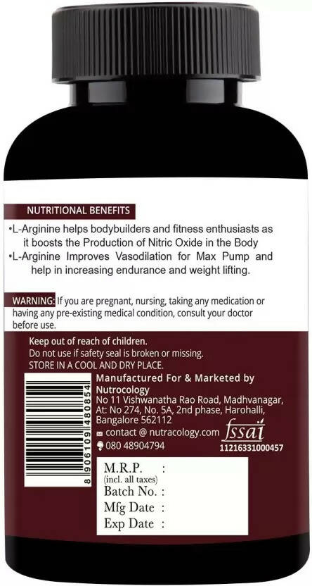 Nutracology L Arginine 1000mg Nitric Oxider Booster For Muscle Gain & Strength Capsules | Swadesiicart