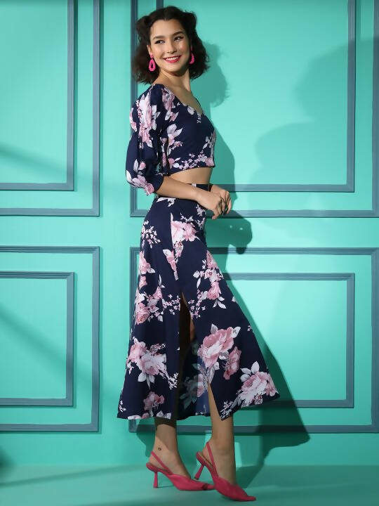 Blue Crepe Floral Printed Top with Matching Skirt - Shivani