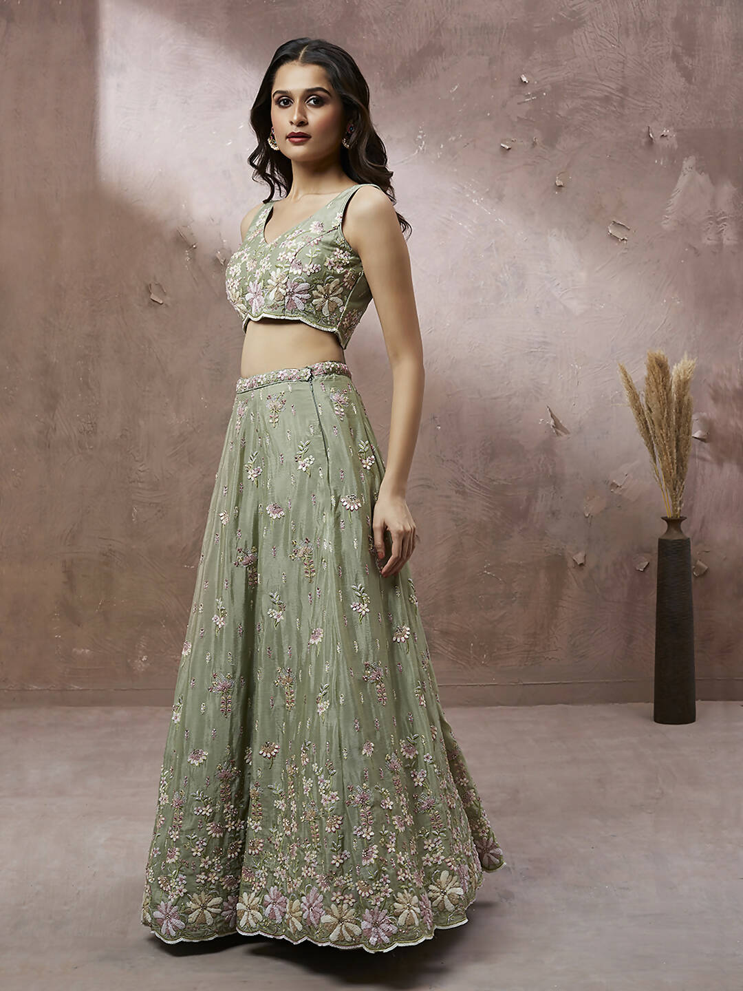 House of Panchhi Lime Green Pure Georgette Sequins with heavy Zarkan embroidery Lehenga choli & Dupatta | Swadesiicart