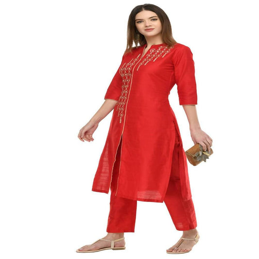 Lagi Women's Red Poly silk Straight Embroidred Kurta Pant (RO115B) | Swadesiicart