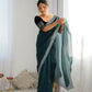 Attrctive Looking Gold Jari, Sequance Embroidery Work Twill Net Party Wear Saree - Rama