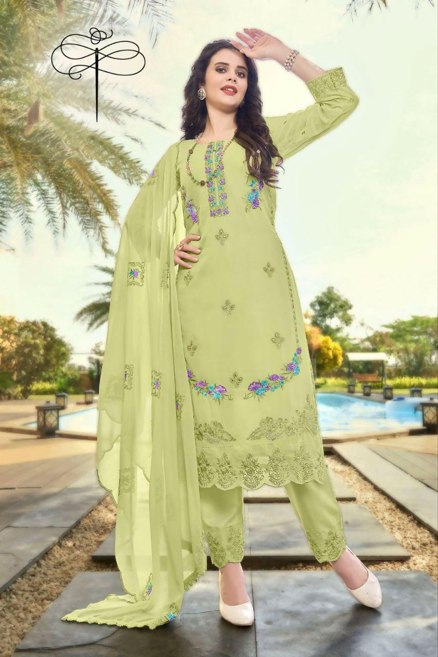 Jyoti Fashion Women's Pista Green Faux Georgette Heavy Embroidery and Moti Work Kurta Set | Swadesiicart