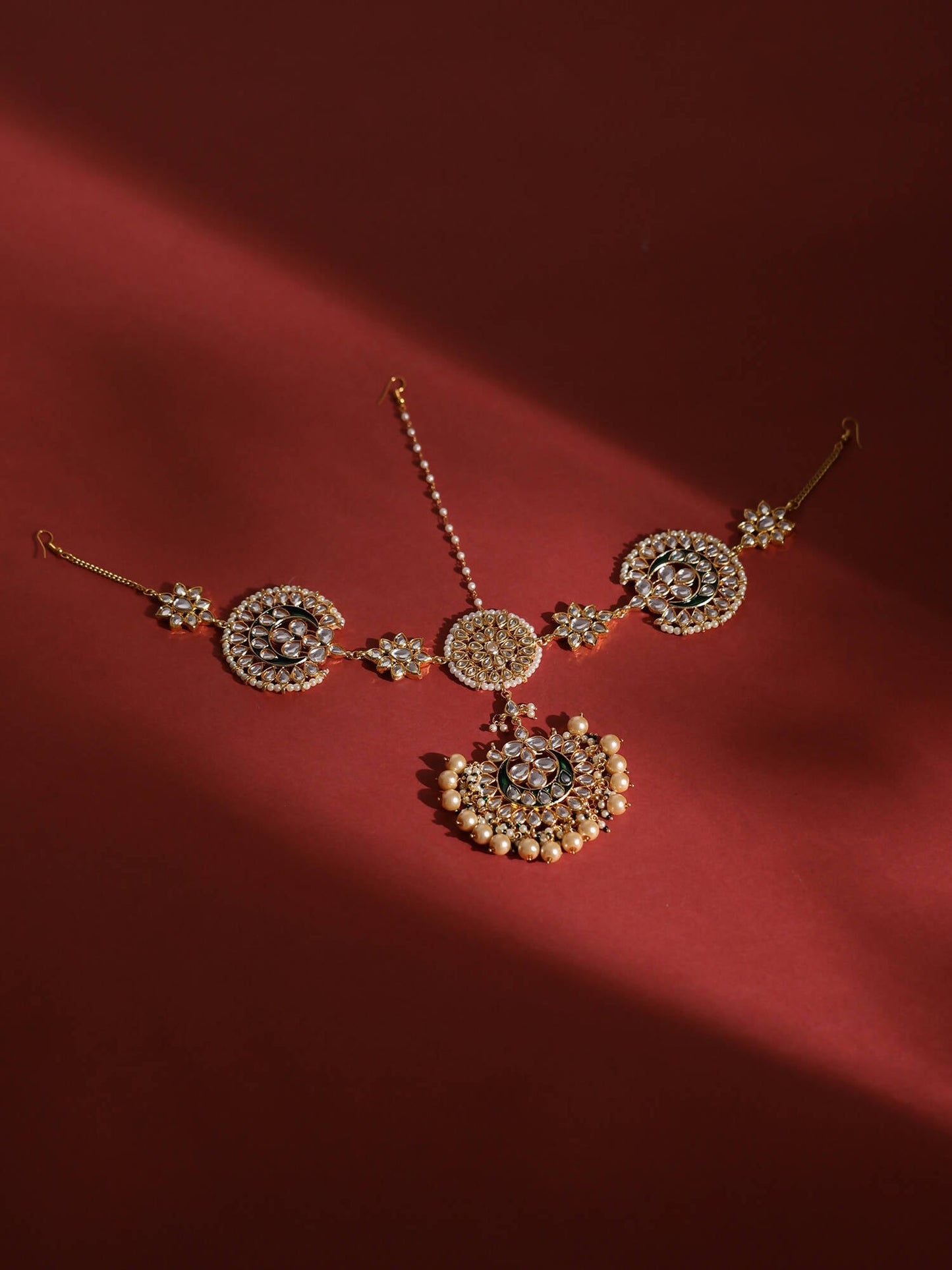 Gold-Polished White Kundan-Studded Pearl Beaded Matha Patti - Ruby Raang | Swadesiicart