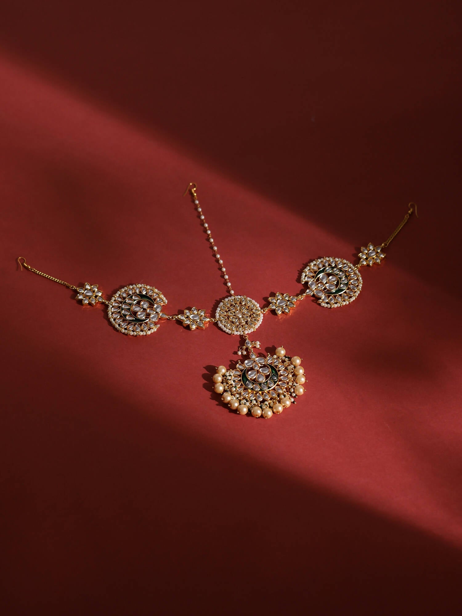 Gold-Polished White Kundan-Studded Pearl Beaded Matha Patti - Ruby Raang | Swadesiicart