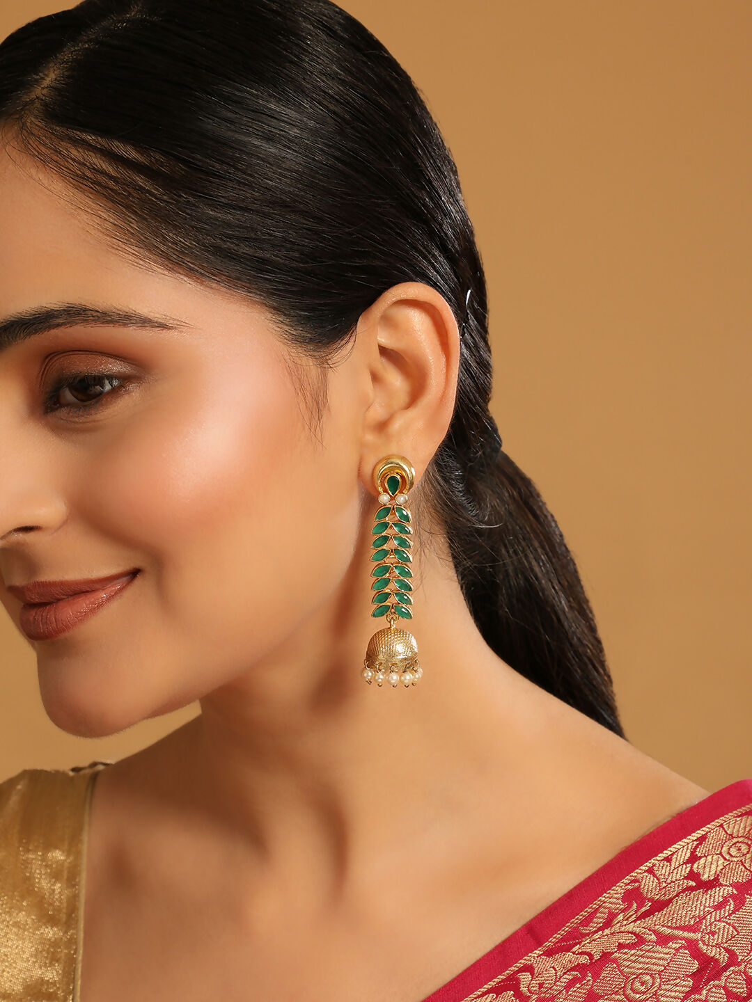 Nuyug 22K Gold Plated Green Fern Earrings | Swadesiicart