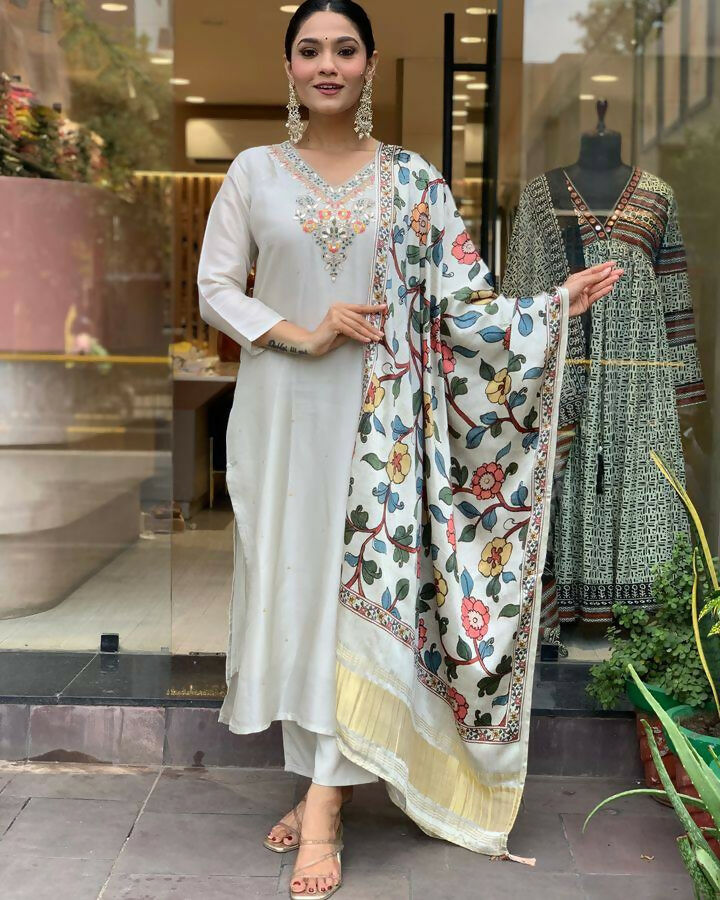 The52 Off White Women's Gorgeous Embroidered Viscose Chanderi Fabric Straight Kurta Pant with Dupatta Set - Swadesiicart