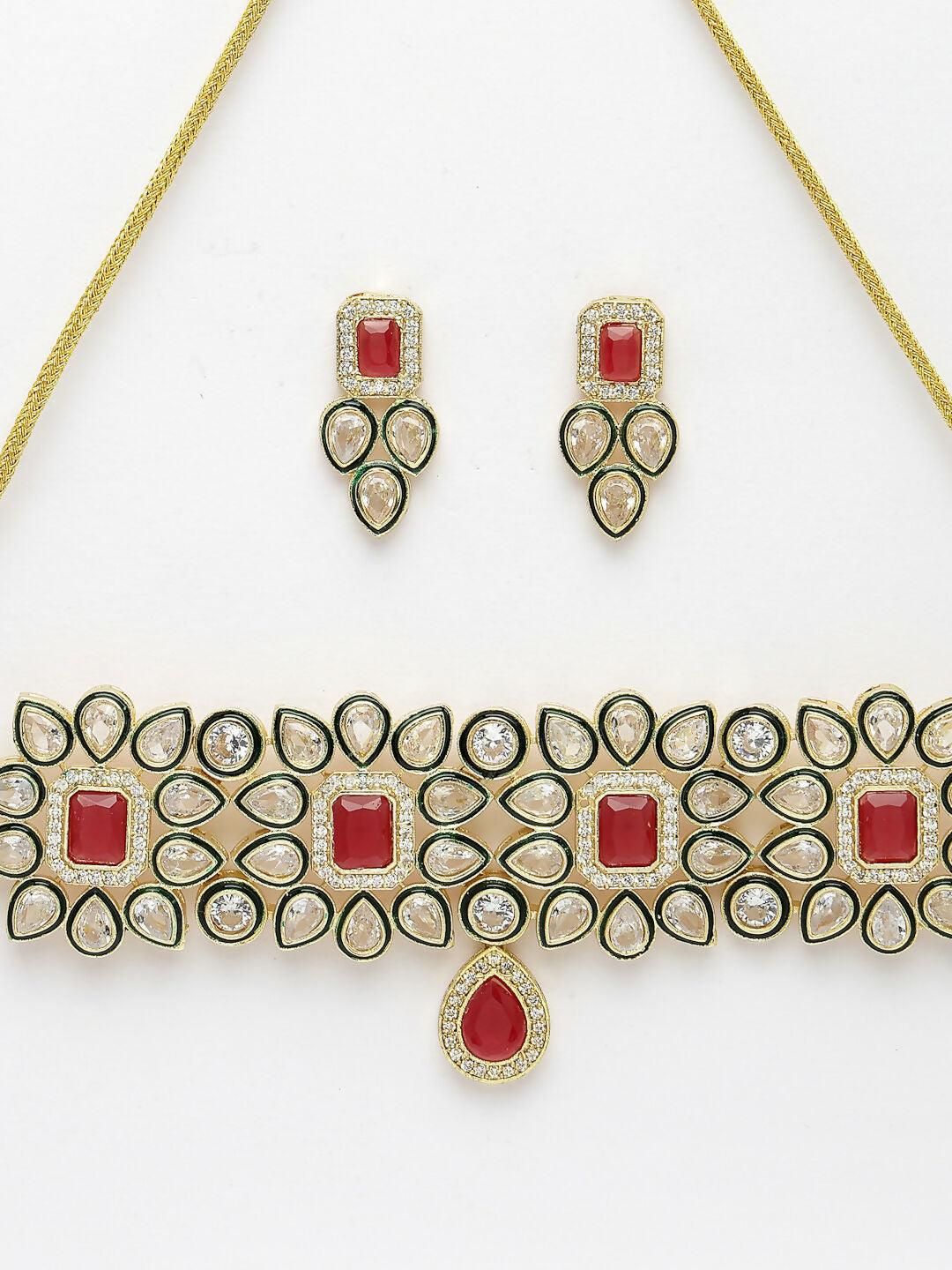 NVR Women's Red & Gold Kundan Studded Handcrafted Choker Jewellery Set - Swadesiicart