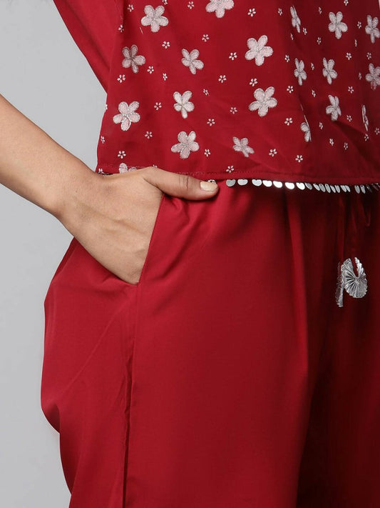 Ahalyaa Womens Maroon Chiffon Printed Jumpsuit - Swadesiicart