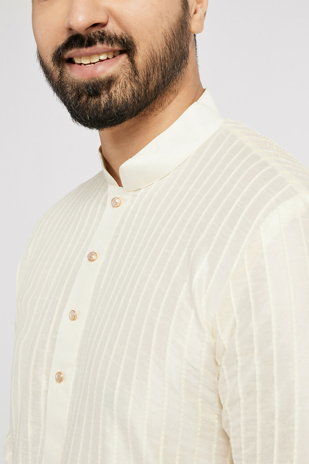 Ethnic India Cream Men's Kurta Striped Polyester | Swadesiicart